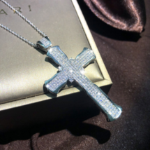 1.50Ct Round Moissanite Diamond Cross 3&quot; Pendant Chain 14k White Gold Plated - £96.02 GBP