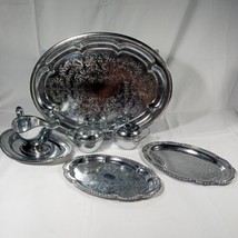 Vintage 1970’s Irvinware 8 Piece Silver Plated Etched Serving Trays Boat Cup Set - £65.20 GBP