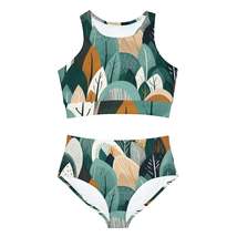 Sustainable Earth Tones Leaves Natural Shapes Pattern Sporty Bikini Set ... - £73.27 GBP