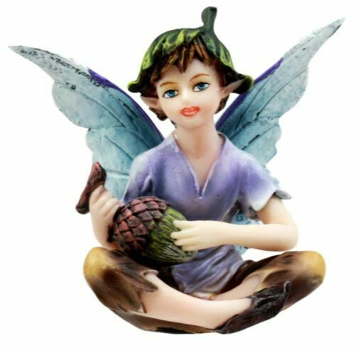 Sitting Boy Fairy Garden Figurine With Giant Acorn Mythical Sprite Sculp... - $21.99