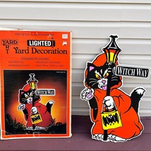 Vtg Outdoor Witch Way Scary Cat Halloween Yard Art 32&quot; Lighted Sign 80s&#39; Org Box - £115.10 GBP