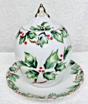 Lefton China Hand Painted Christmas Holly Honey or Jam Pot 3 Pc - $28.22