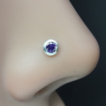 925 Real Silver Single Stone nose Stud Purple CZ Twisted nose ring L Bend 22g - £11.18 GBP