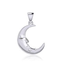 Jewelry Trends Crescent Moon Face and Stars Sterling Silver Pendant - £35.87 GBP