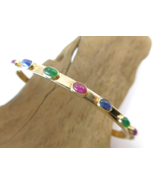 Vintage 14k Gold Ruby Emerald Sapphire Cabochon Hinged Bangle Bracelet 7&quot; - $759.95
