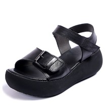New Retro Summer Women Sandals 100% Genuine Leather Open Toe Shoes Casual High H - £59.32 GBP