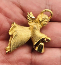 Vintage Robin Rush RR Gold Tone Angel w/ Hanging Bell Pin Brooch -- 1.75&quot; x 1.5&quot; - £7.58 GBP