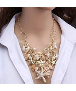 Conch Starfish Seashell Pearls Beach Statement Necklace - $33.91 CAD