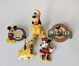 Vintage Disney Mickey &amp; Minnie Pin Back Button Lot And Porcelain Pluto Figurine - £15.81 GBP