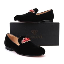 Handmade FERUCCI Men Black Velvet with Red Crystal Brooch Slippers loafers Flat - £133.71 GBP