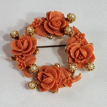 Vintage Coral Celluloid Rose &amp; Pearl Circle Brooch Pin Gold Tone 2 inches - $21.77