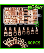 60Pc Battery Lugs Terminals Bare Copper Ring Connector Wire Gauge Sc6-25... - £14.15 GBP