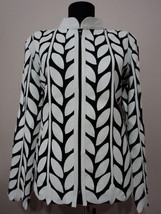Plus Size White Leather Leaf Jacket Women All Colors Sizes Genuine Zip Short D4 - £179.82 GBP