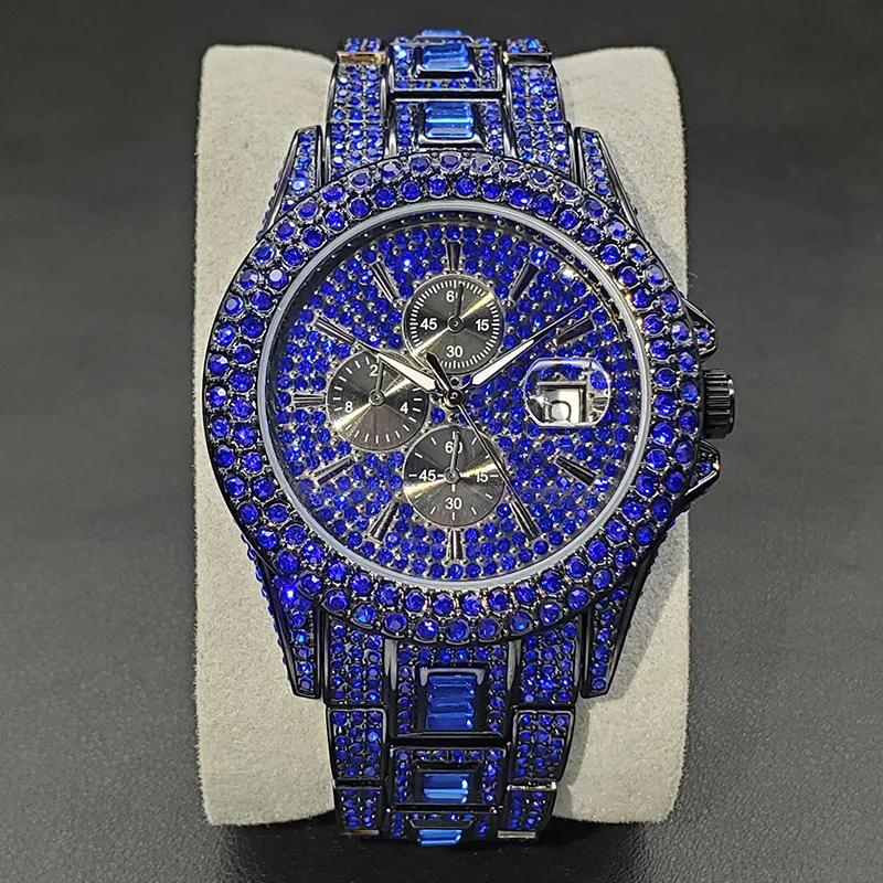New Design Diamond Watch For Men Luxury Colorful Rhinestone Purple Blue ... - $77.15