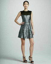 NWT Nicole Miller Sequin Illusion Neck in Silver Sheer Back Pleated Dress $365 - £27.17 GBP