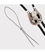 WESTERN black leather cord bolo tie w/ silver horseshoe and cowboy boot ... - $27.34 CAD