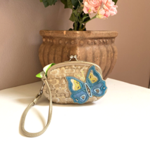 Coach Coin Purse Wallet Butterfly Applique Lurex Kisslock Teal Beige W8 - £71.21 GBP