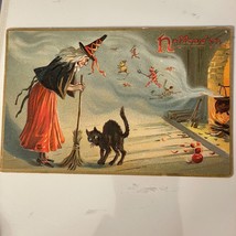 Raphael Tuck Halloween Postcard 1908 Witch Cat Cauldron Bat Devil Skeleton # 160 - £149.93 GBP