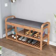 Living Room Bamboo Storage Bench with 3 Shelves Natural Solid - $183.97