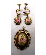 Vintage Rose Guilloche Dangle Screw Back Gold Tone Earrings &amp; Pendant - $372.99 MXN