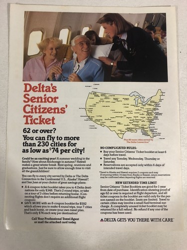 1987 Delta Airlines Senior Citizens Ticket Vintage Print Ad Advertisemen... - $7.91