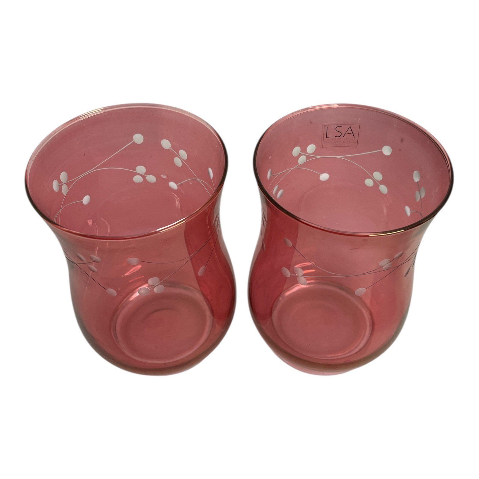 LSA Pink Glass Vases Pair – 6.5 in – White Berry Branch Design – Handblo... - $32.00