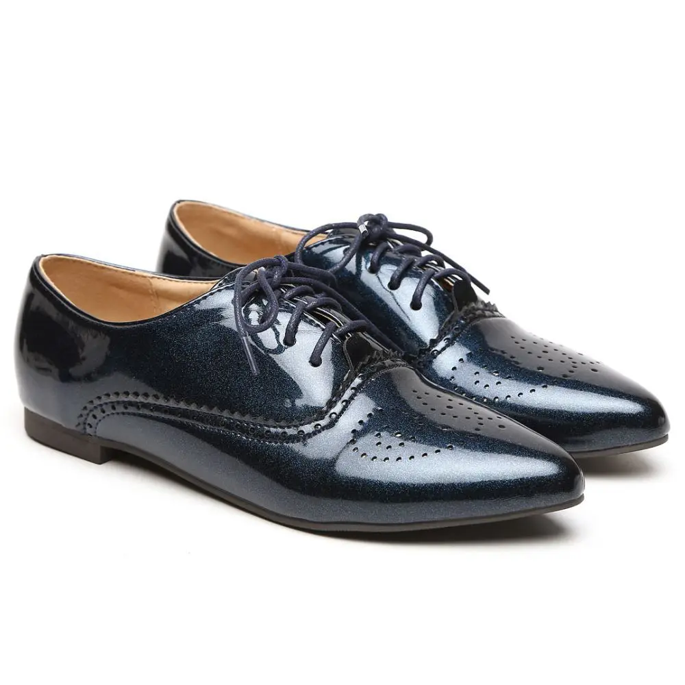  New Fashion Women Glossy Oxs Black Blue White Female  Brogue Shoes Low Heels AS - £146.61 GBP