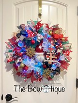 Christmas Gnome Holiday Ribbon Door Wreath Handmade 22 ins LED W19 - $90.00