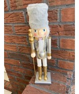 Christmas Nutcracker 15&quot; White Fur Wood Soldier Silver Gray Gold Sceptor - £21.98 GBP