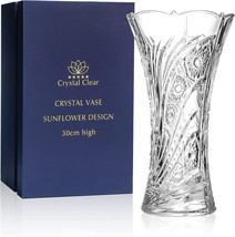 Crystal Clear Crystal Vase,, 12&#39;&#39; High, For Flowers &amp; Decor, Sunflower Design,,  - £55.05 GBP