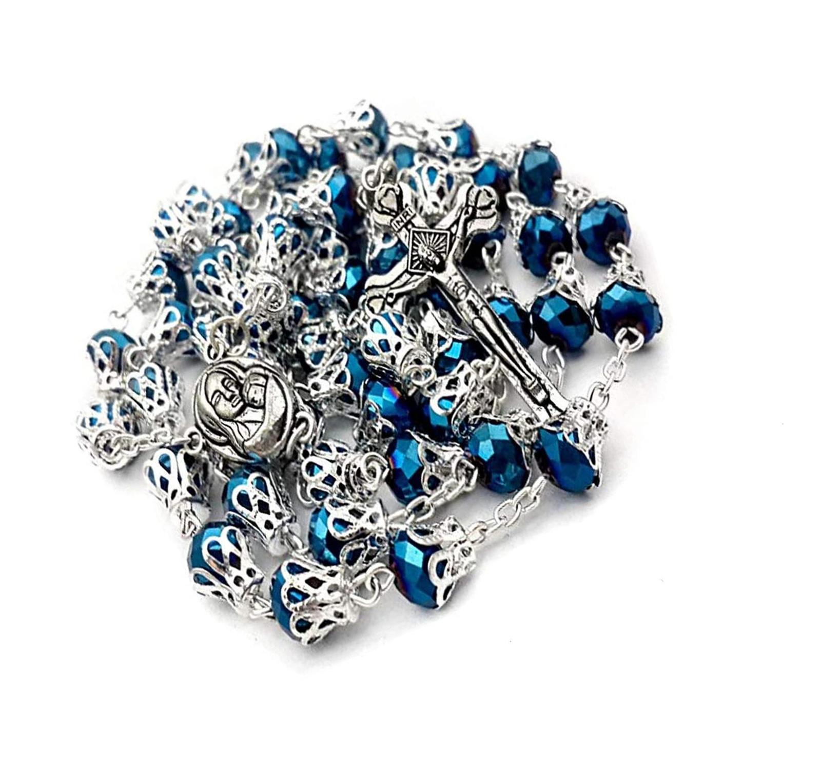 Nazareth Store Deep Blue Crystal Beads Rosary Catholic Metal - $40.19