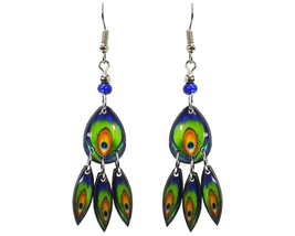 Peacock Feather Pattern Graphic Teardrop Long Dangle Earrings - Womens Fashion H - £11.66 GBP