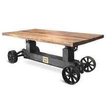 Industrial Trolley Dining Table - Iron Wheels Adjustable Crank - Natural Rustic - £3,245.53 GBP