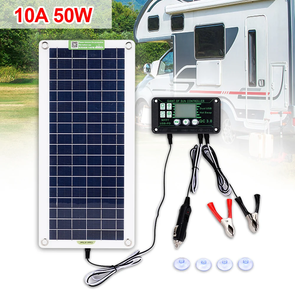 50W Solar Panels Car Charger 2 Output Type-c Interface Electric Rechargeable - £35.94 GBP