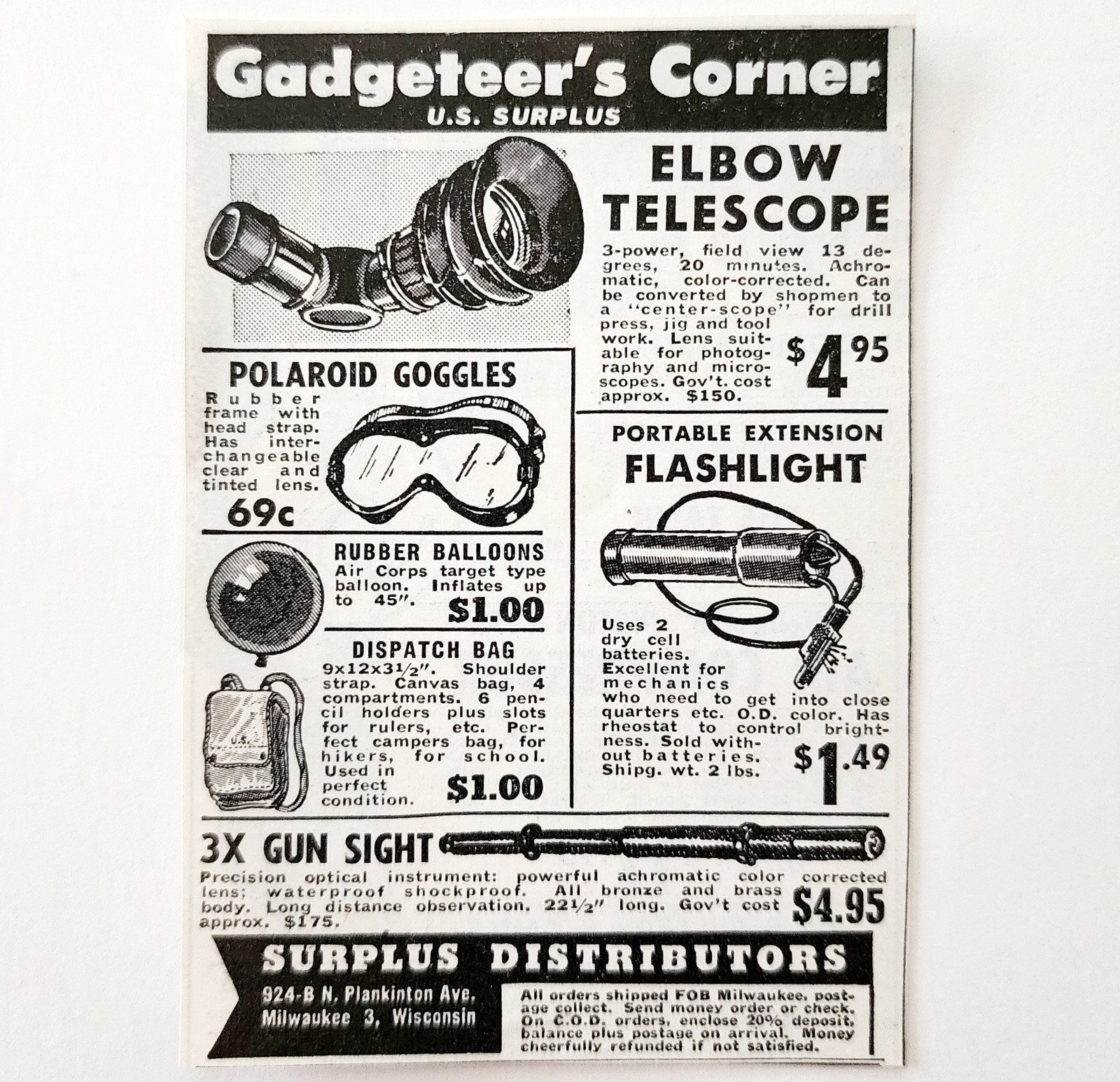1949 Telescope Sights Optics Gadgets Advertisement Surplus Milwaukee E8Q - $19.99