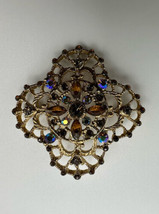 Vintage 1928 Gold Tone Brown and Iridescent Rhinestone Brooch 4.1cm - £14.24 GBP