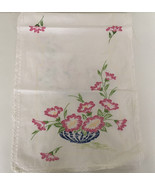 Hand embroidered pink flowers vintage table runner dresser scarf lace trim - $26.82 CAD