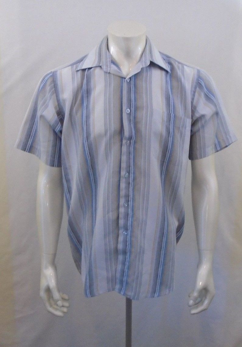 Forte Vomo Italy Design Medium Blue Gold Striped Short Sleeve Shirt - $7.92