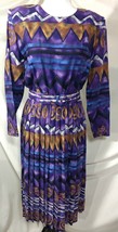 Vintage TERRI ELLEN Pleated Dress Womens 10P Purple Black Tan Geometric ... - $67.23