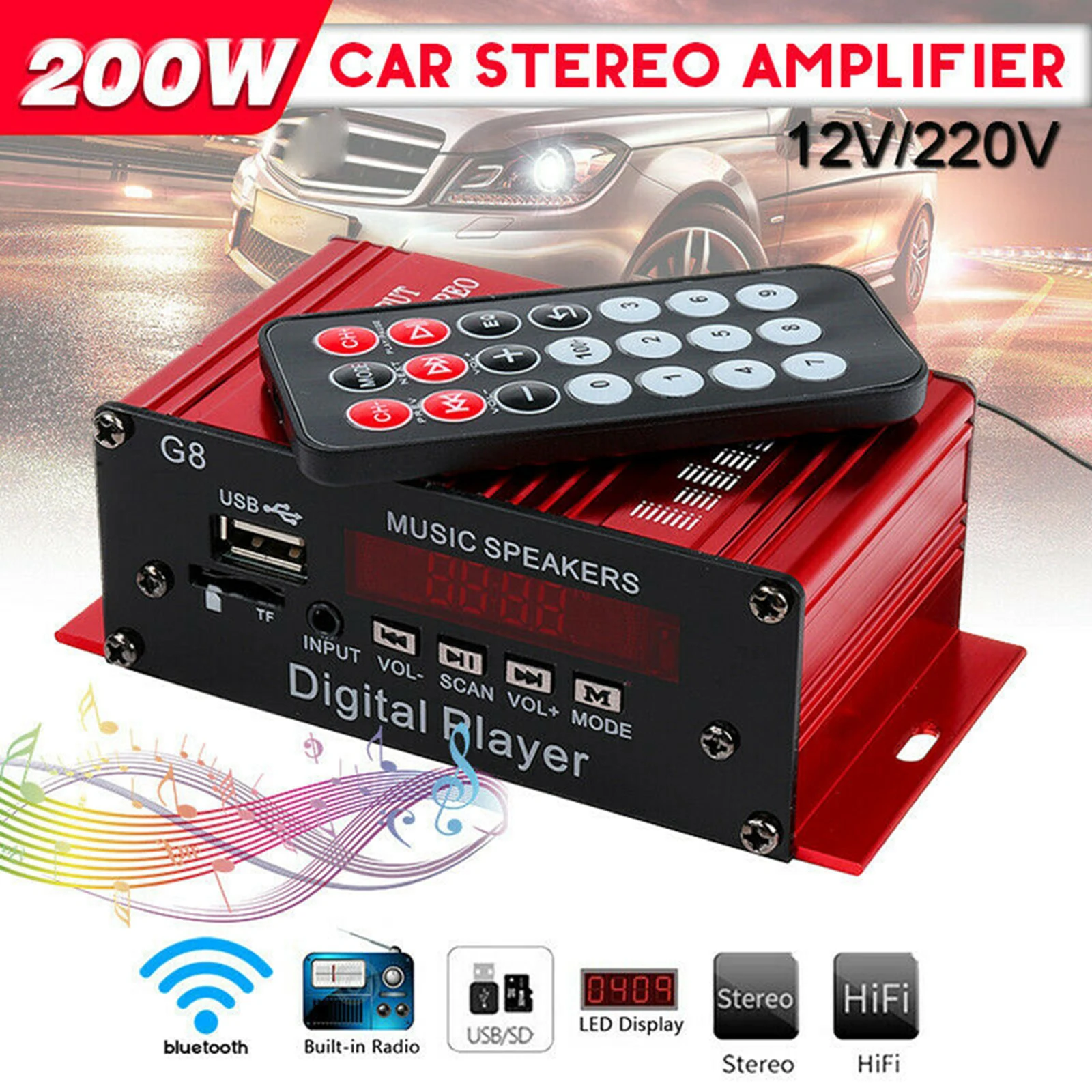 Wireless Bluetooth Stereo Power Amplifier - 200W, 2 Channel, Remote Control - £24.55 GBP