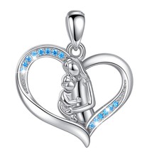 Real 925 Sterling Silver Mother and Baby Heart Blue CZ Pendant Neckalce Women Fa - £28.86 GBP