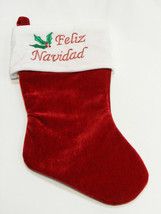 Red Velvet Christmas Stocking w/ &quot;Feliz Navidad&quot; &amp; Holly Berries Embroidered - £10.29 GBP