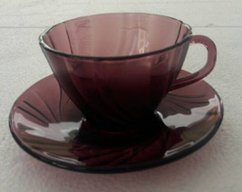 Duralex Rivage Amethyst Purple Glass Swirl Cup &amp; Saucer Tea Set by Bormi... - $29.99