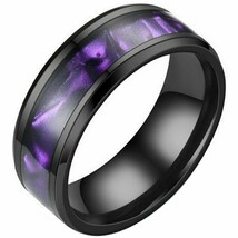 Synthetic Amethyst Ring Black Stainless Steel Purple Wedding Band Mens Womens - £13.54 GBP