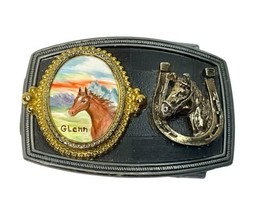 Framed Painted Belt Buckle Horse Head &amp; Horseshoe Riding Western Cowboy ... - £23.59 GBP