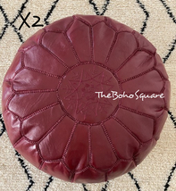 Set Of 2 Handmade &amp; Hand-Stitched Moroccan Pouf, Genuine Leather, Burgundy Color - £107.88 GBP