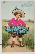 Best Wishes Silk Postcard Girl with Flower Basket Embossed Germany C2 - £7.82 GBP