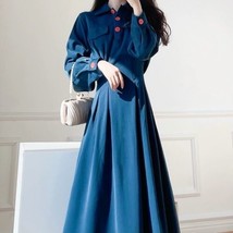 Women&#39;s Midi Dress cinched waist temperament Retro shiny blue shirt dres... - £37.34 GBP