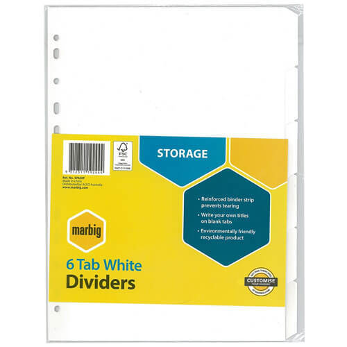 Marbig Manilla Reinforced Strip Dividers A4 (White) - 6 Tab - $15.62
