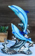 Nautical Marine Sea Ocean 2 Blue Dolphins Leaping Out Of The Reef Waves Figurine - £23.62 GBP